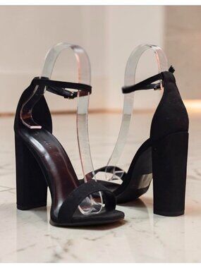 Womens Black Suede Block Heel Sandals With Adjustable Ankle Strap